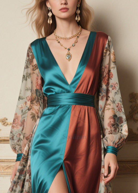 Women Colorblock Print Side Open Chiffon Maxi Dress Summer