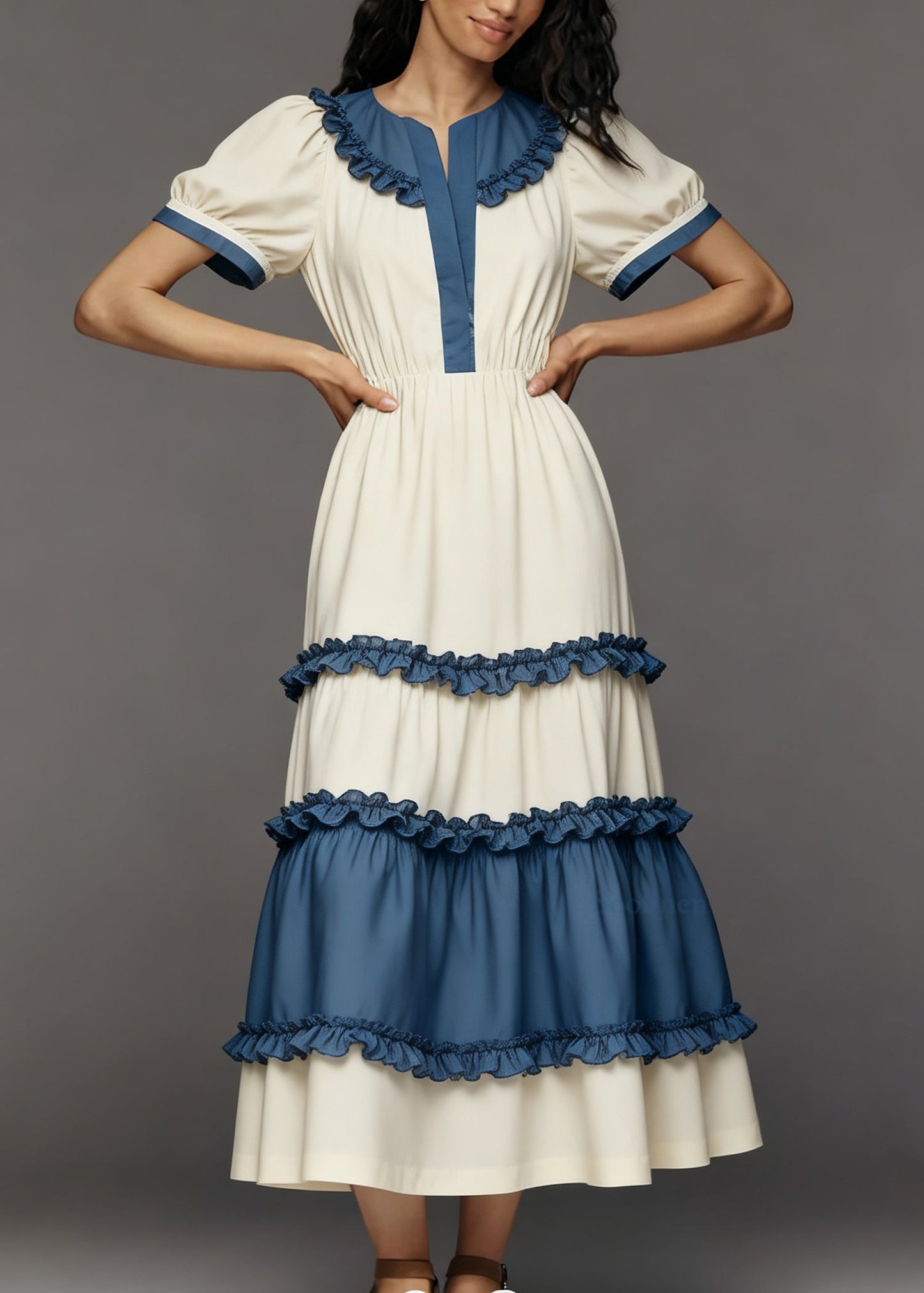 Women Colorblock Ruffled Patchwork Cotton Maxi Dress Summer