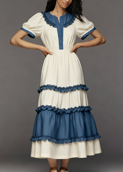 Women Colorblock Ruffled Patchwork Cotton Maxi Dress Summer