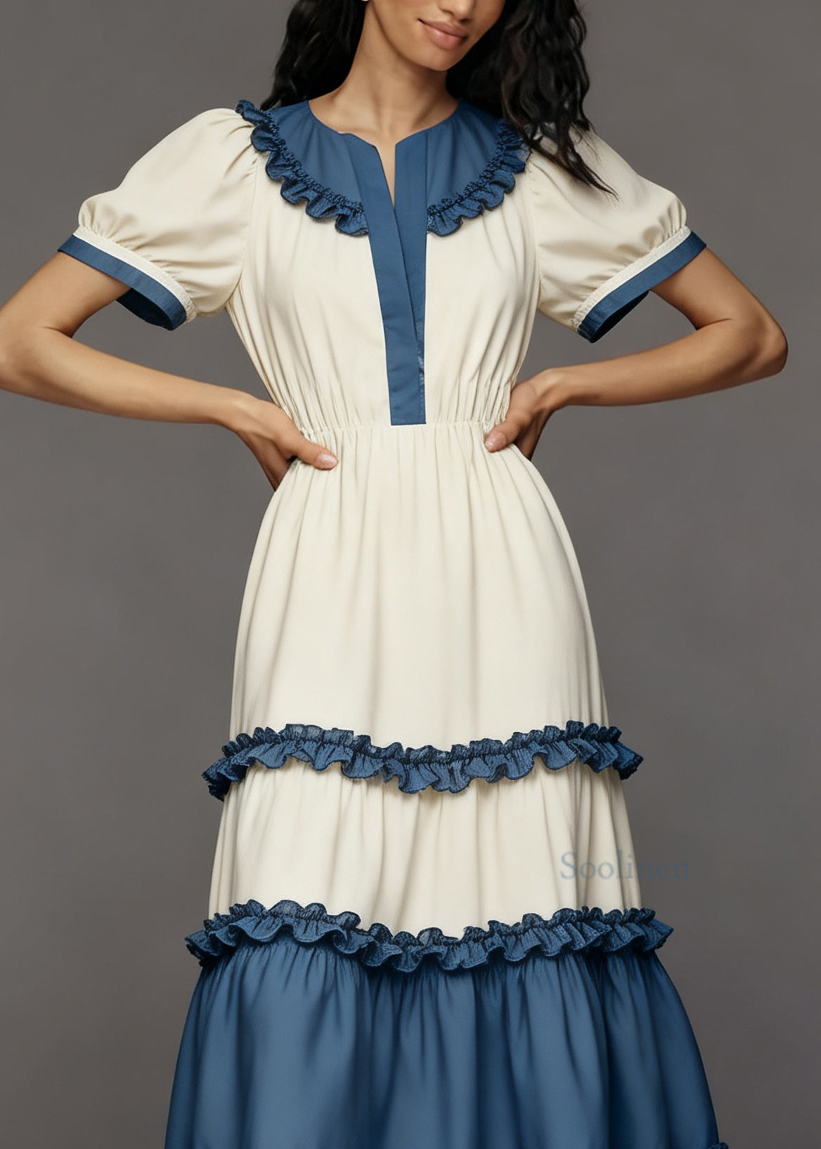 Women Colorblock Ruffled Patchwork Cotton Maxi Dress Summer