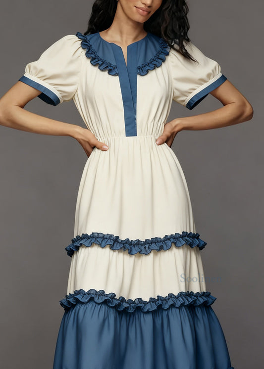 Women Colorblock Ruffled Patchwork Cotton Maxi Dress Summer