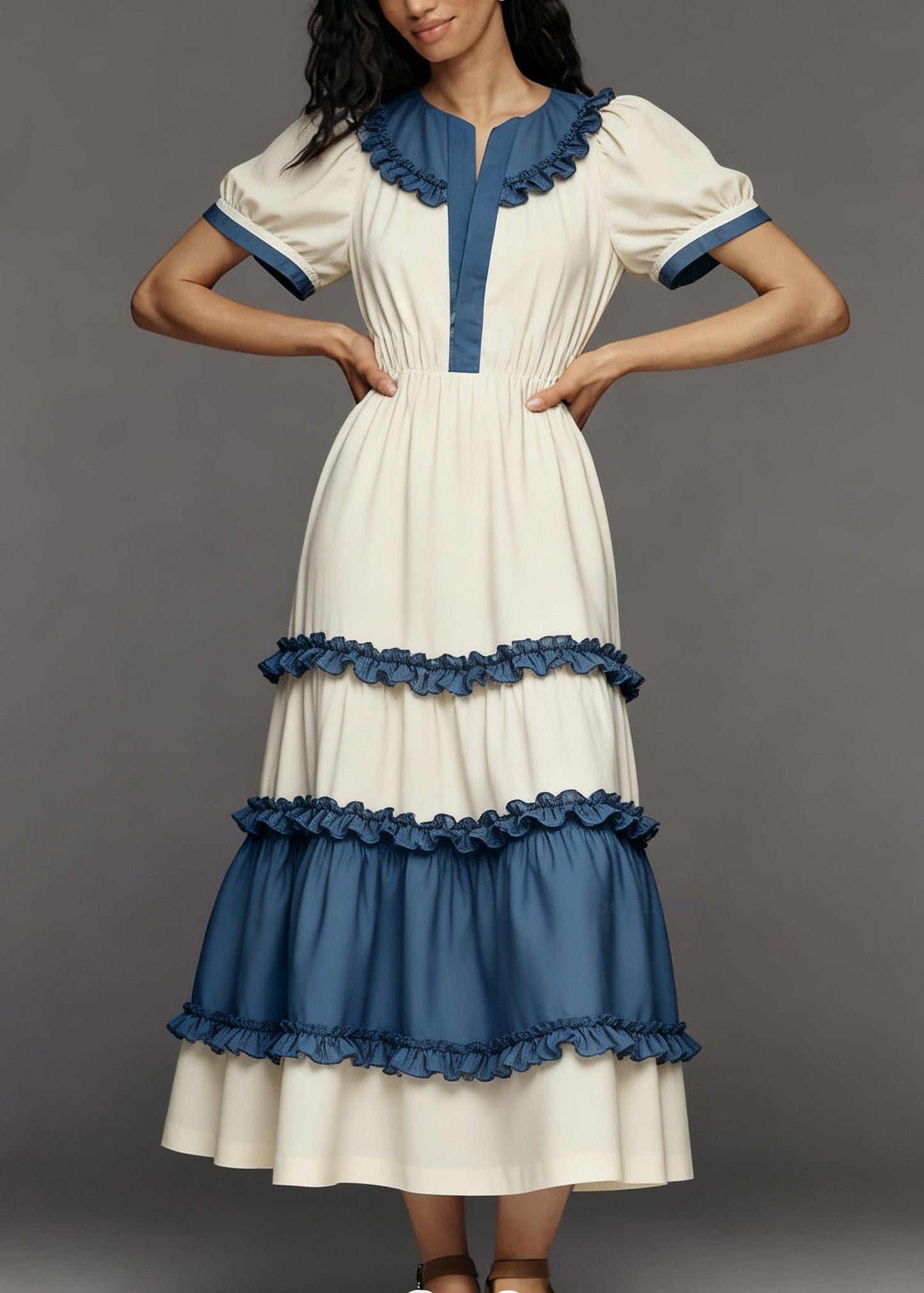Women Colorblock Ruffled Patchwork Cotton Maxi Dress Summer