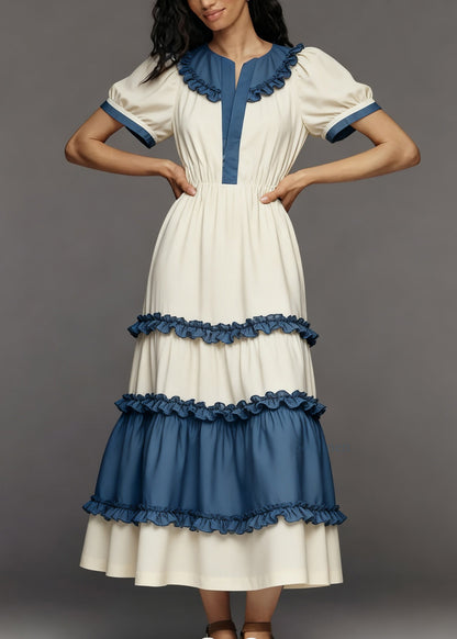 Women Colorblock Ruffled Patchwork Cotton Maxi Dress Summer