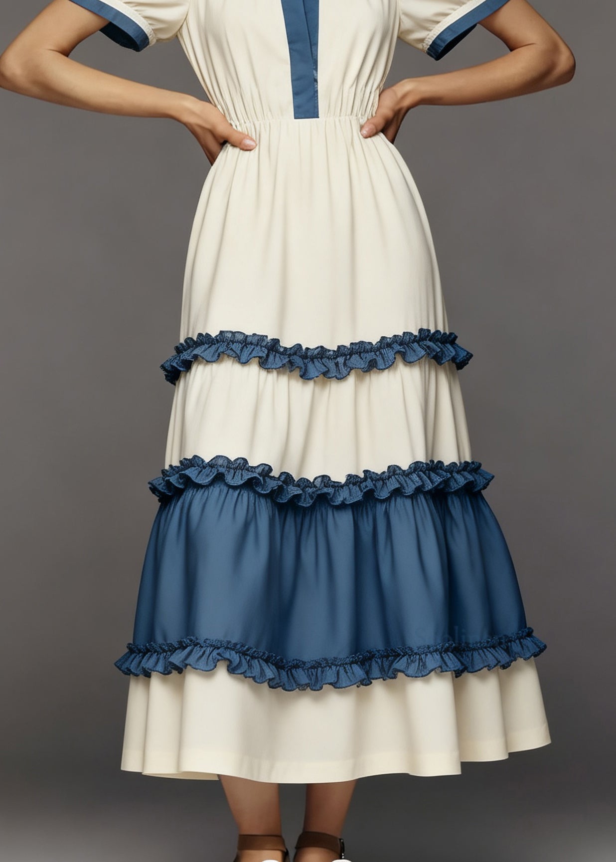 Women Colorblock Ruffled Patchwork Cotton Maxi Dress Summer