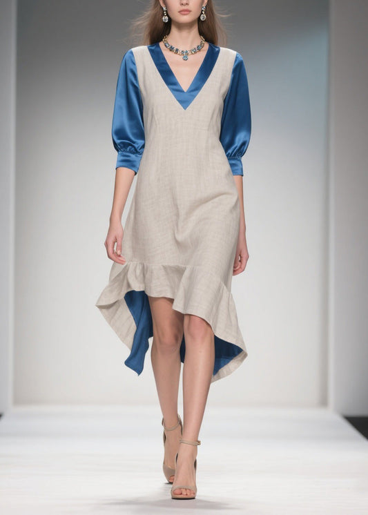 Women Colorblock Ruffled Patchwork Linen Silk Dress Summer