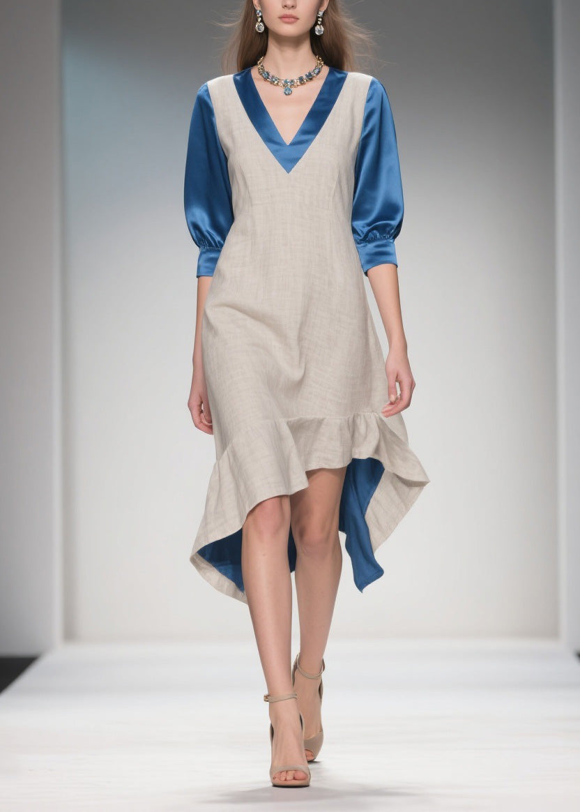 Women Colorblock Ruffled Patchwork Linen Silk Dress Summer