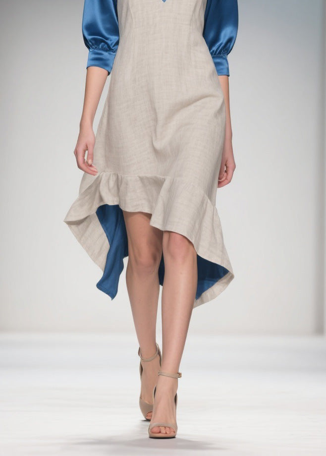 Women Colorblock Ruffled Patchwork Linen Silk Dress Summer