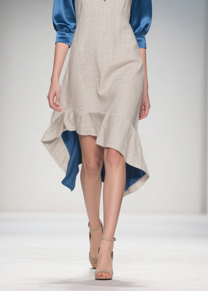 Women Colorblock Ruffled Patchwork Linen Silk Dress Summer