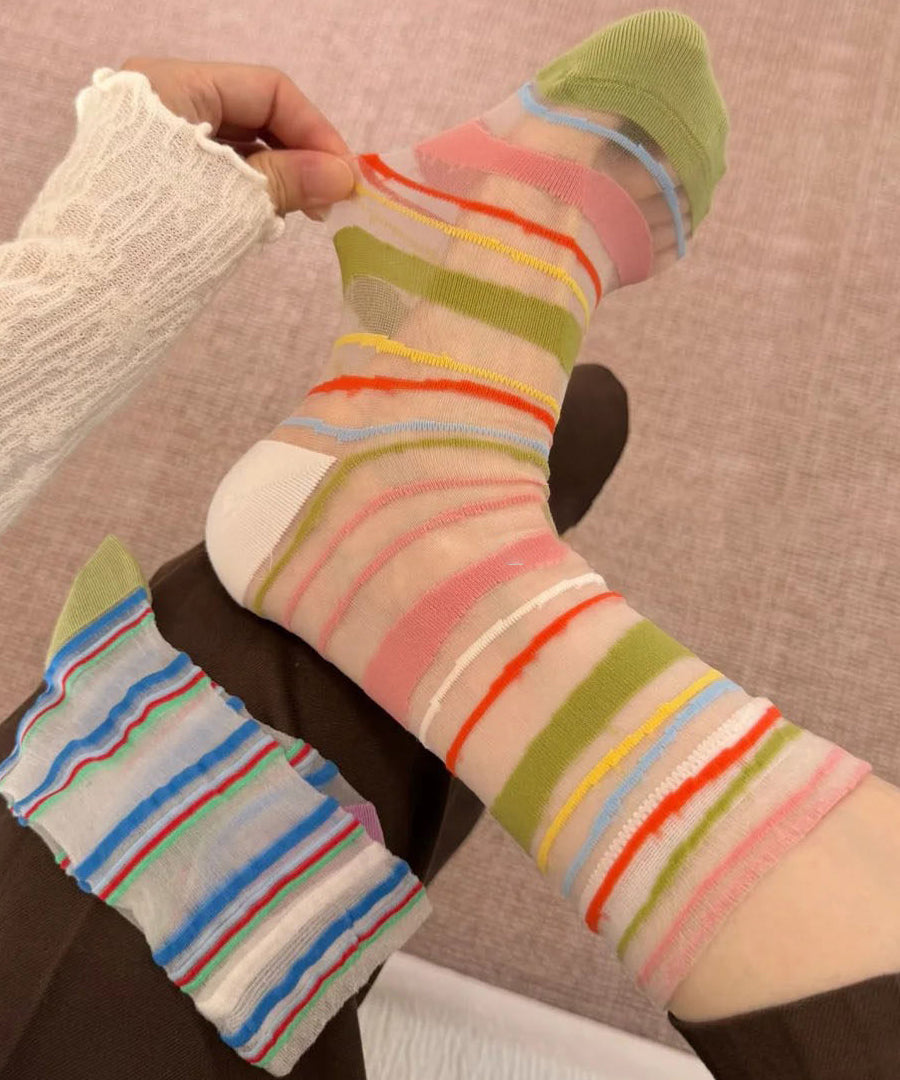 Women Colorblock Sheer Mesh socks Mid Calf Socks