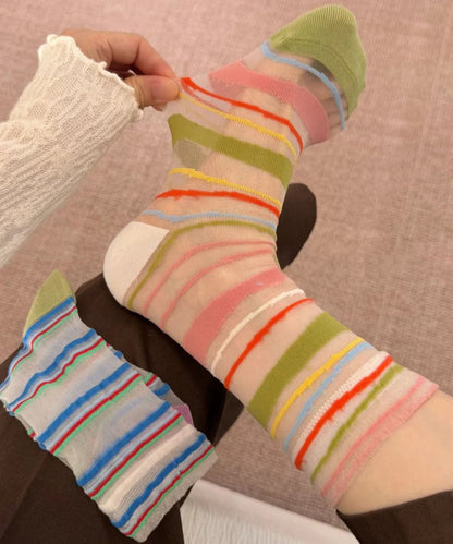 Women Colorblock Sheer Mesh socks Mid Calf Socks