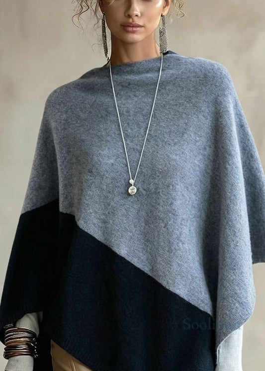 Women Colorblock Slash Neck Versatile Woolen Knit Cape Fall