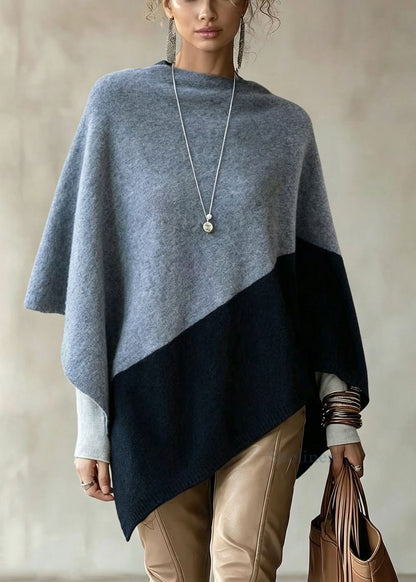 Women Colorblock Slash Neck Versatile Woolen Knit Cape Fall