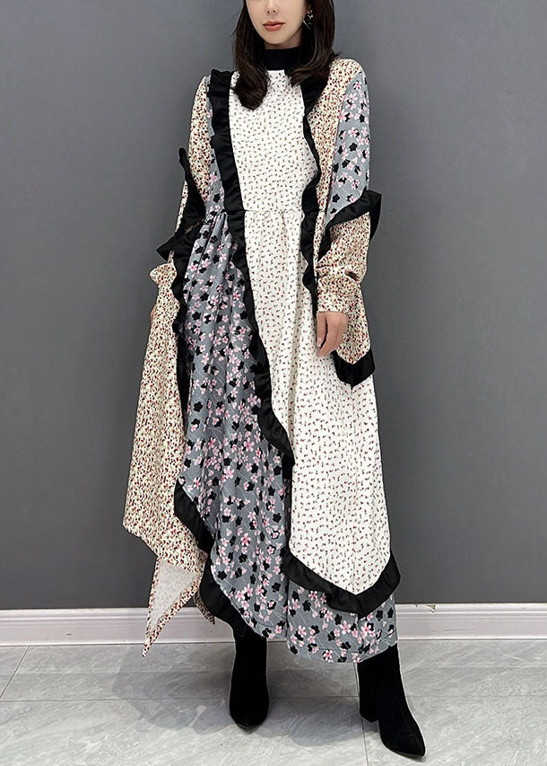 Frauen Colorblock Stehkragen Asymmetrische Patchwork Rüschen Lange Kleid Herbst