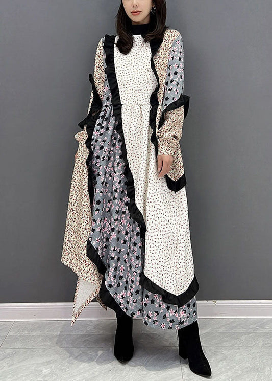 Frauen Colorblock Stehkragen Asymmetrische Patchwork Rüschen Lange Kleid Herbst