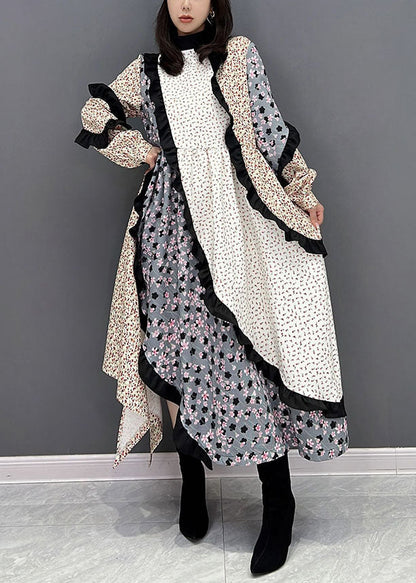 Frauen Colorblock Stehkragen Asymmetrische Patchwork Rüschen Lange Kleid Herbst