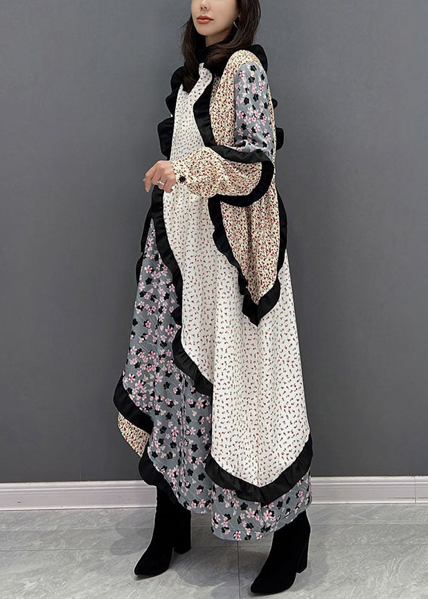 Frauen Colorblock Stehkragen Asymmetrische Patchwork Rüschen Lange Kleid Herbst