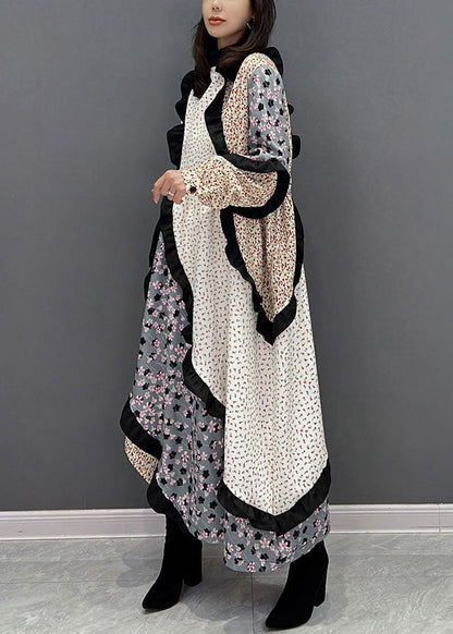 Frauen Colorblock Stehkragen Asymmetrische Patchwork Rüschen Lange Kleid Herbst