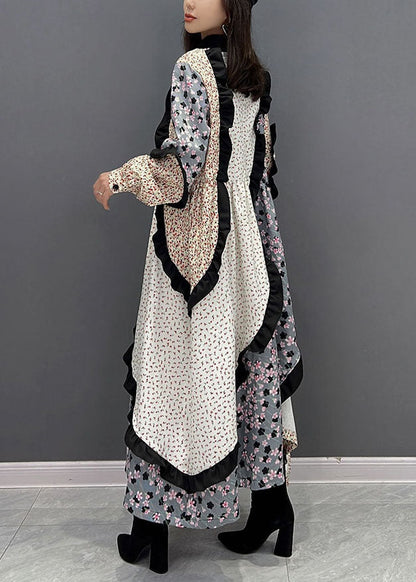 Frauen Colorblock Stehkragen Asymmetrische Patchwork Rüschen Lange Kleid Herbst