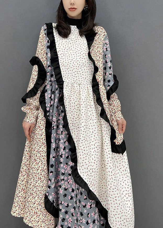 Frauen Colorblock Stehkragen Asymmetrische Patchwork Rüschen Lange Kleid Herbst