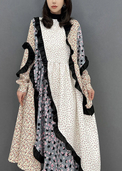 Frauen Colorblock Stehkragen Asymmetrische Patchwork Rüschen Lange Kleid Herbst