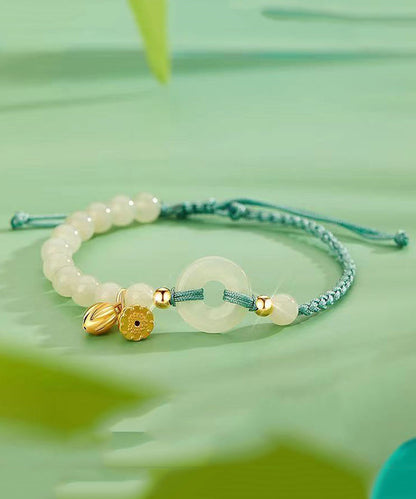 Women Colorblock Sterling Silver Overgild Jade Ping Buckle Tassel Charm Bracelet