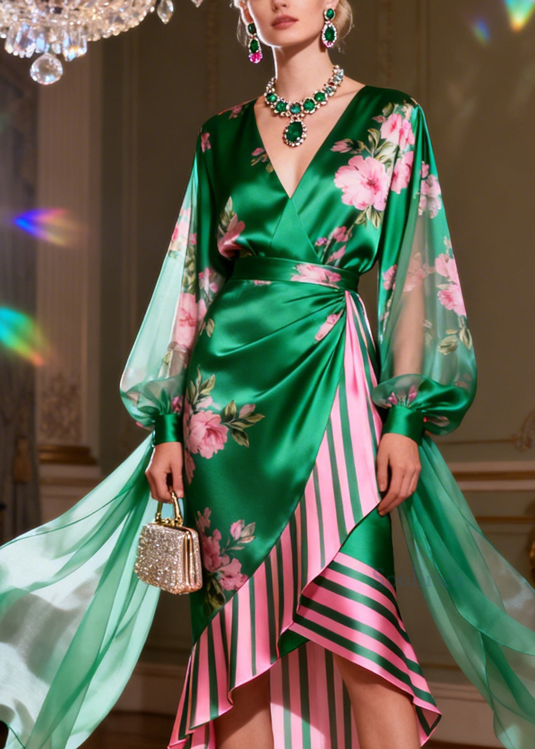 Women Colorblock V Neck Asymmetrical Patchwork Silk Dresses Summer