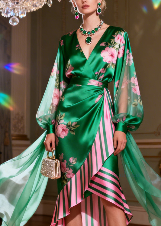 Women Colorblock V Neck Asymmetrical Patchwork Silk Dresses Summer