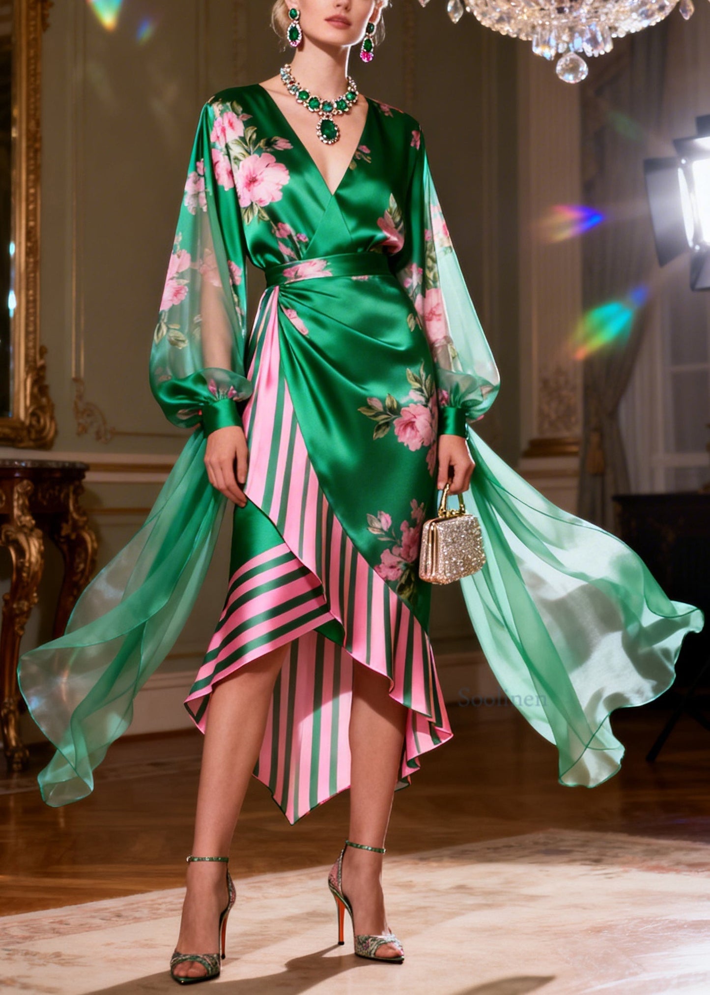 Women Colorblock V Neck Asymmetrical Patchwork Silk Dresses Summer