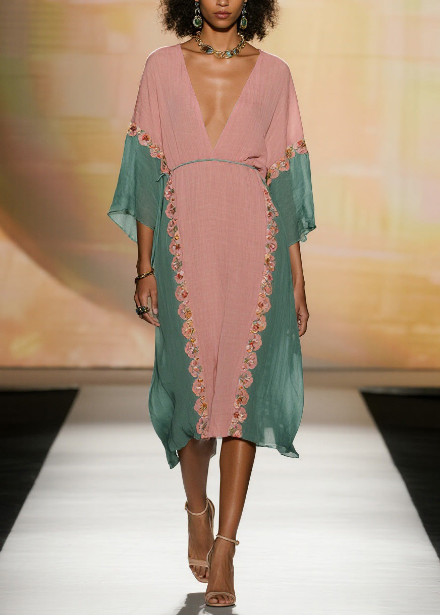 Women Colorblock V Neck Floral Cotton Dress Summer