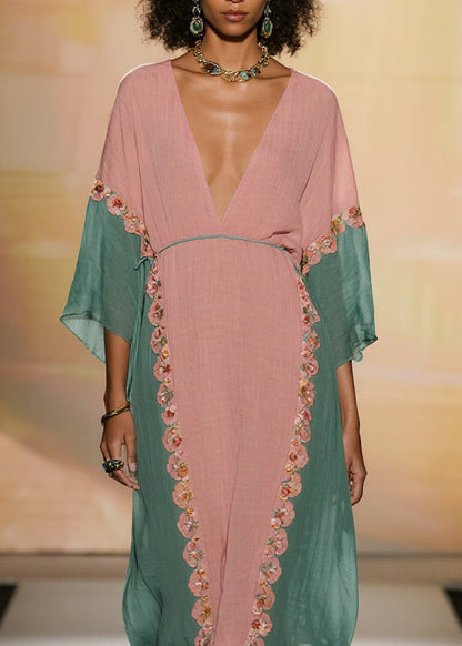 Women Colorblock V Neck Floral Cotton Dress Summer