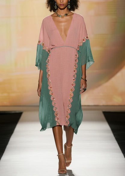 Women Colorblock V Neck Floral Cotton Dress Summer