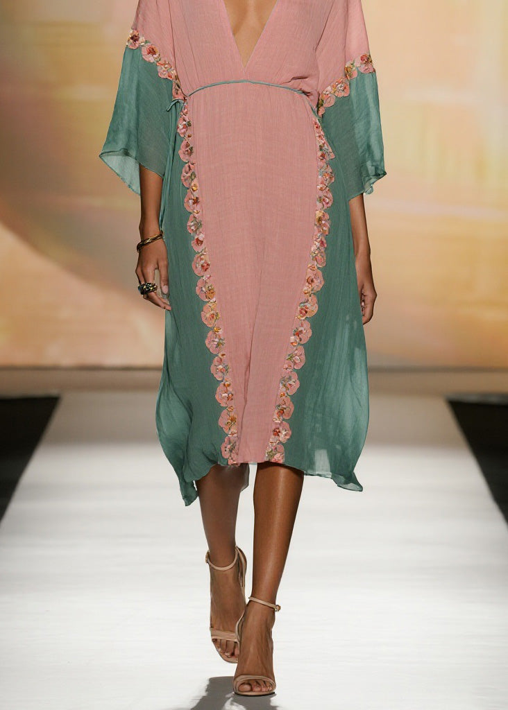 Women Colorblock V Neck Floral Cotton Dress Summer