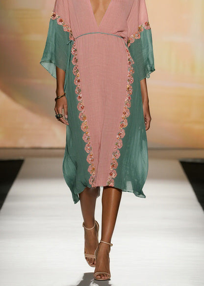 Women Colorblock V Neck Floral Cotton Dress Summer