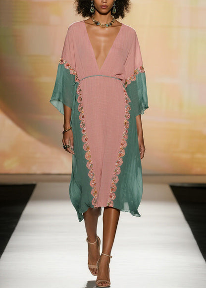 Women Colorblock V Neck Floral Cotton Dress Summer