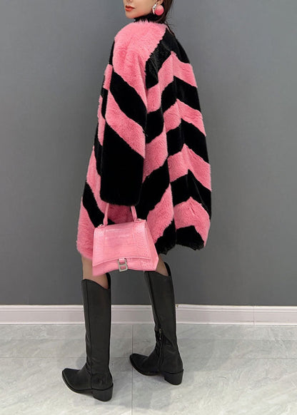 Frauen Colorblock V-Ausschnitt gestreift dick Nerz Samt Mantel Winter