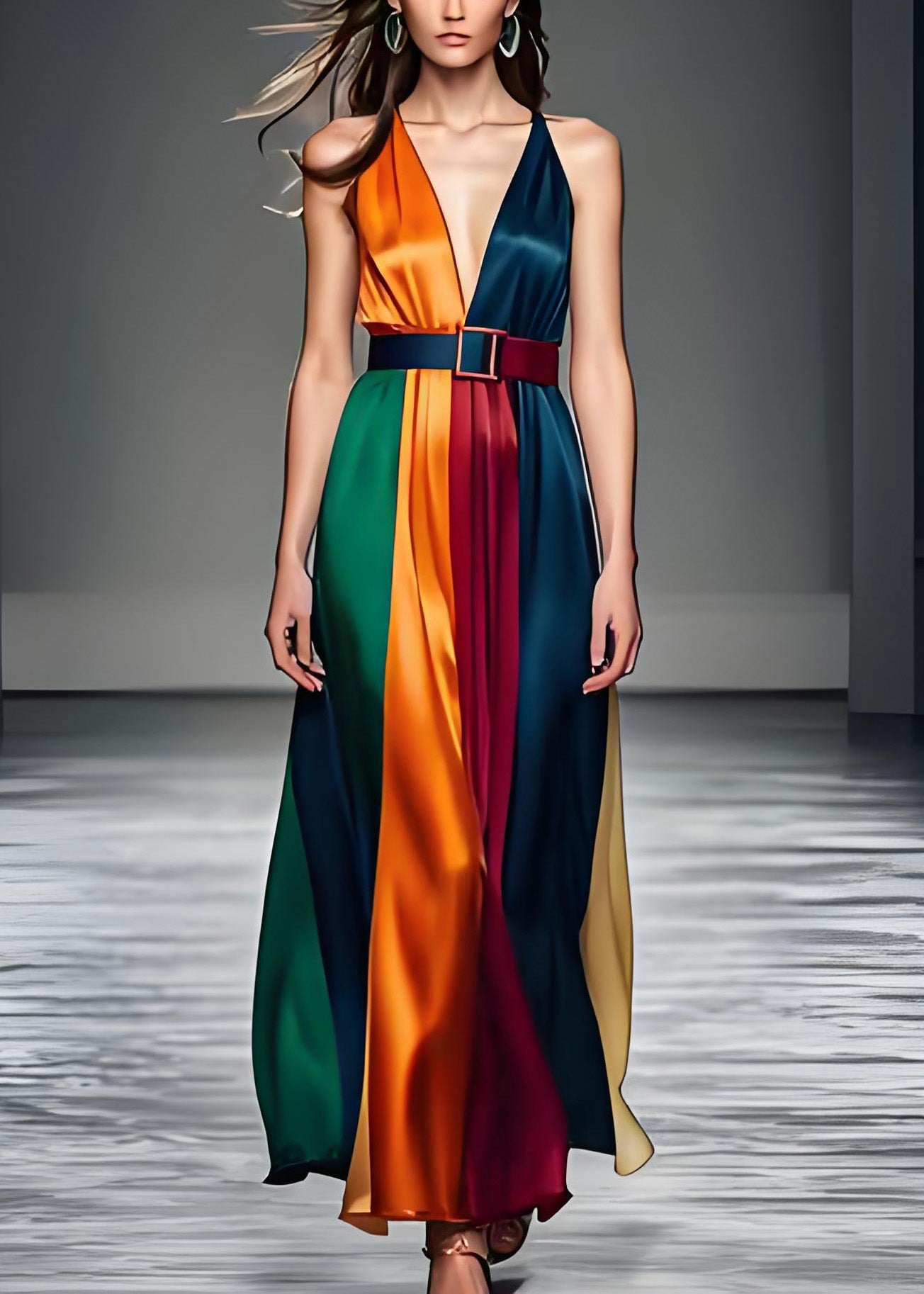 Damen Colorblock V-Ausschnitt Bindegürtel Seide Langes Kleid Ärmellos