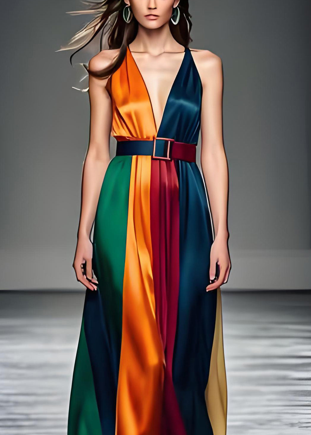 Damen Colorblock V-Ausschnitt Bindegürtel Seide Langes Kleid Ärmellos