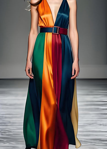 Damen Colorblock V-Ausschnitt Bindegürtel Seide Langes Kleid Ärmellos