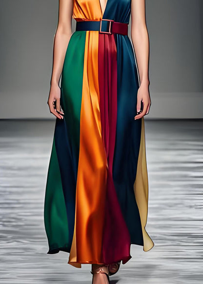 Damen Colorblock V-Ausschnitt Bindegürtel Seide Langes Kleid Ärmellos