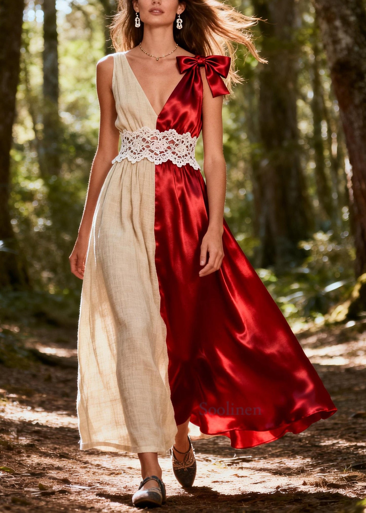 Women ColorblockC Asymmetrical Patchwork Bow Silk Vacation Dresses Summer