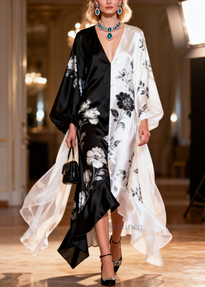 Women ColorblockC Asymmetrical Patchwork Print Silk Maxi Dresses Summer