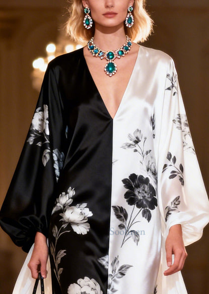 Women ColorblockC Asymmetrical Patchwork Print Silk Maxi Dresses Summer