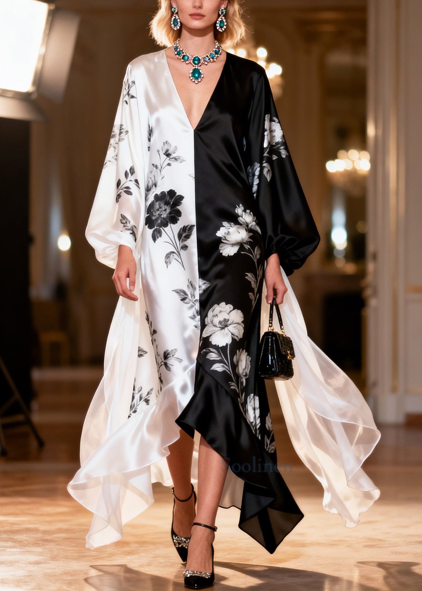 Women ColorblockC Asymmetrical Patchwork Print Silk Maxi Dresses Summer