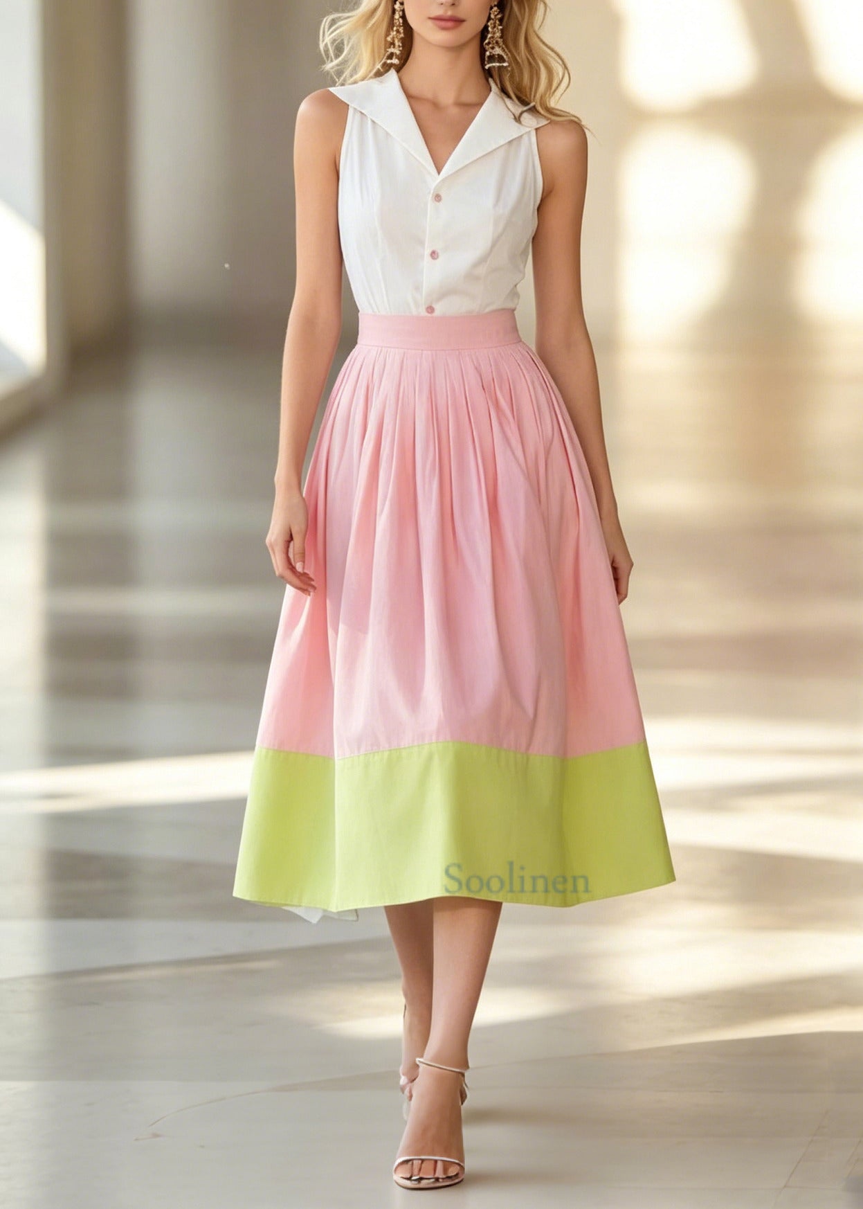 Women ColorblockC High Waist Patchwork Cotton Skirts Summer