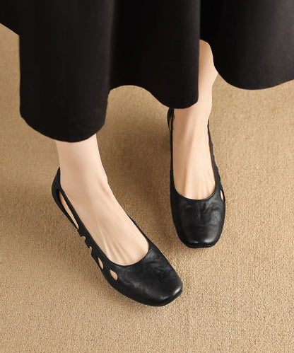 Women Comfy Black Hollow Out Chunky Heel Sheepskin