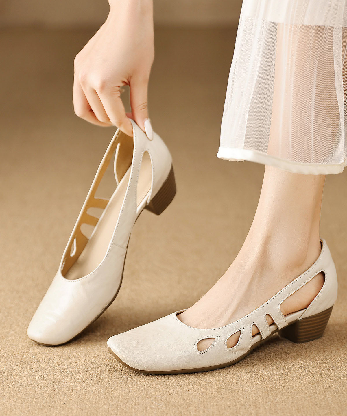 Women Comfy Black Hollow Out Chunky Heel Sheepskin