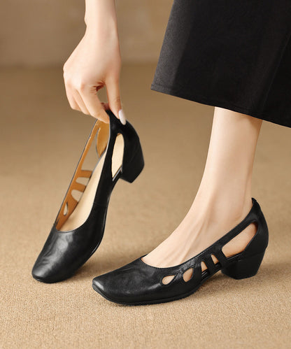 Women Comfy Black Hollow Out Chunky Heel Sheepskin