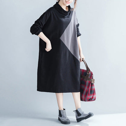 Women Cotton Causual Loose Color Block Dresses