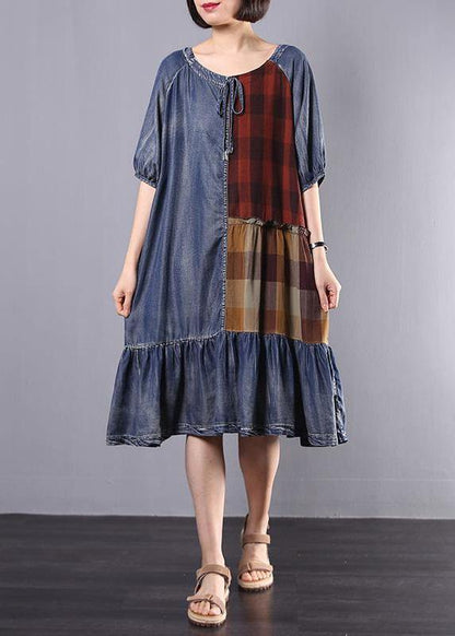 Women Cotton Tunics Indian Vintage Plaid Spliced Denim A-Line Dress - SooLinen