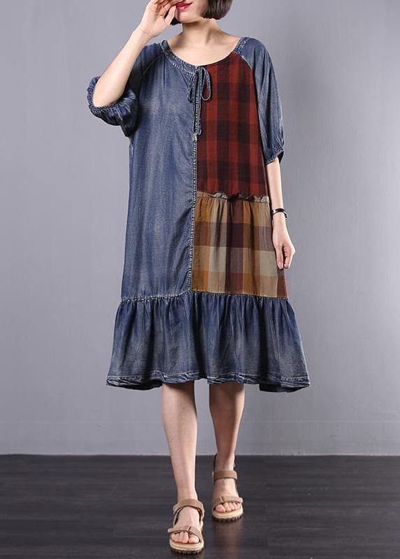 Women Cotton Tunics Indian Vintage Plaid Spliced Denim A-Line Dress - SooLinen